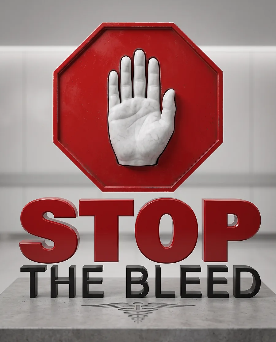 Course artwork for Stop the Bleed training, showing a raised-hand stop symbol